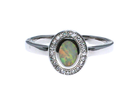 A Opal And White Cubic Zirconia Silver Ring
