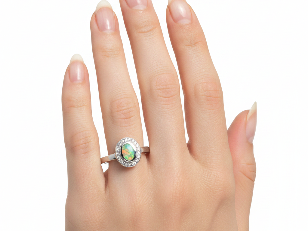 A Opal And White Cubic Zirconia Silver Ring