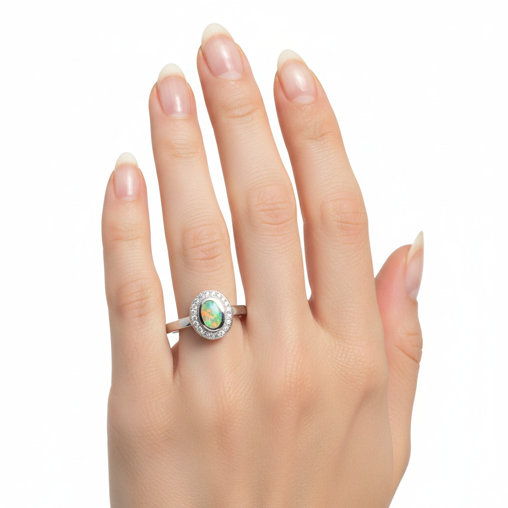 A Opal And White Cubic Zirconia Silver Ring
