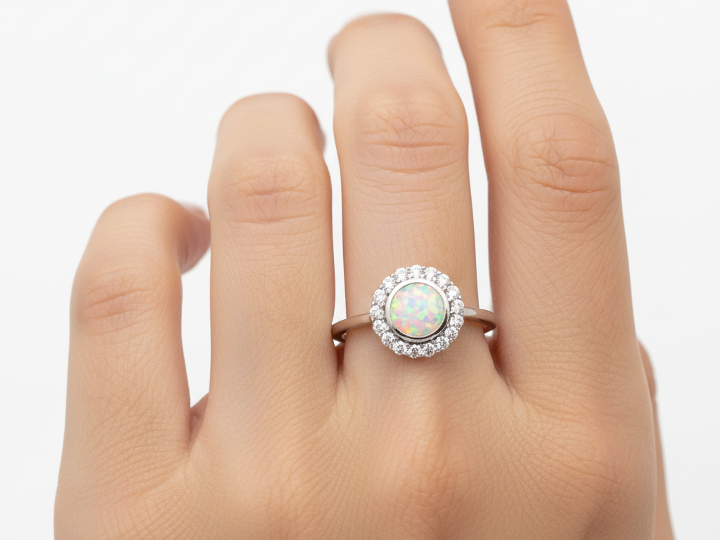 A Opal And White Cubic Zirconia Ring