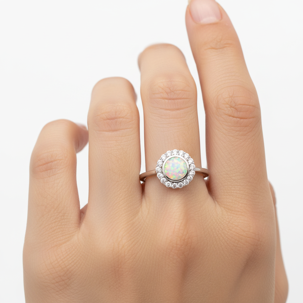 A Opal And White Cubic Zirconia Ring