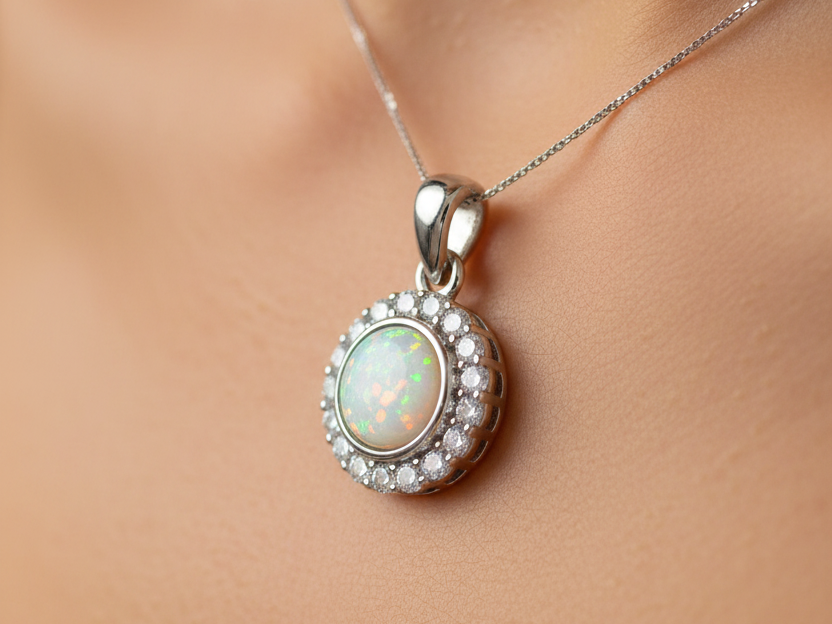 Opal And Cz Silver Pendant