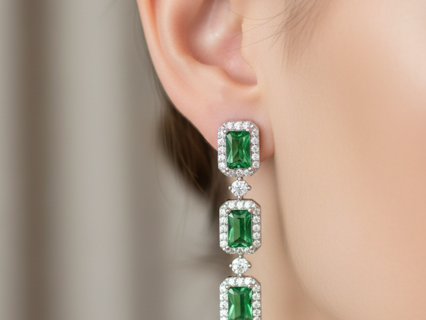Emerald & White Cubic Zirconia Silver Earring