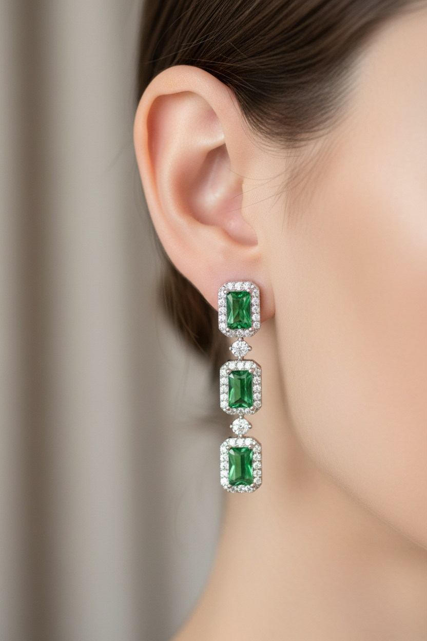 Emerald & White Cubic Zirconia Silver Earring