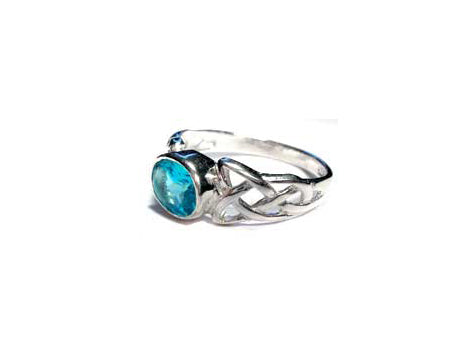 Celtic Silver Stone Set Ring with Trinity Knot design on the Shoulders Aqua