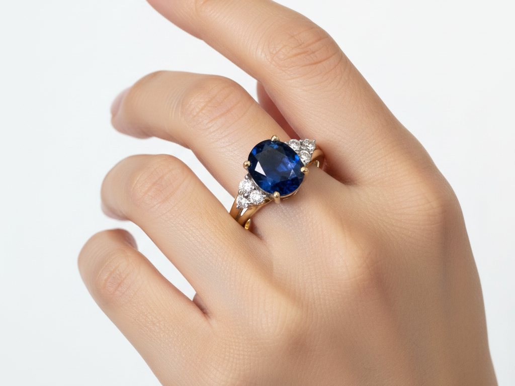 9ct Yellow Gold Sapphire And White Cubic Zirconia Ring