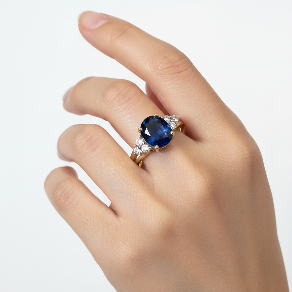 9ct Yellow Gold Sapphire And White Cubic Zirconia Ring