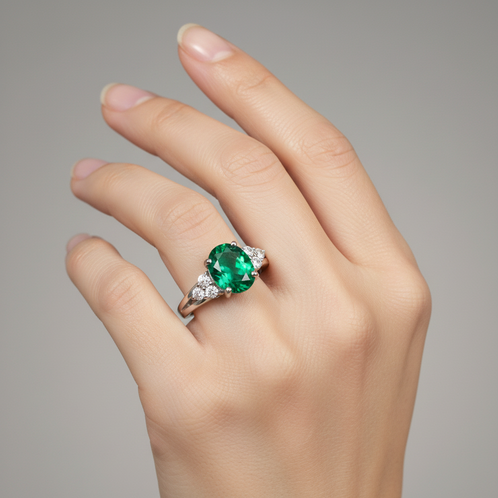 9ct White Gold Emerald And White Cubic Zirconia Ring