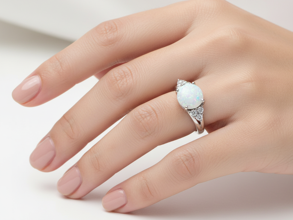9ct White Gold Opal And White Cubic Zirconia Ring