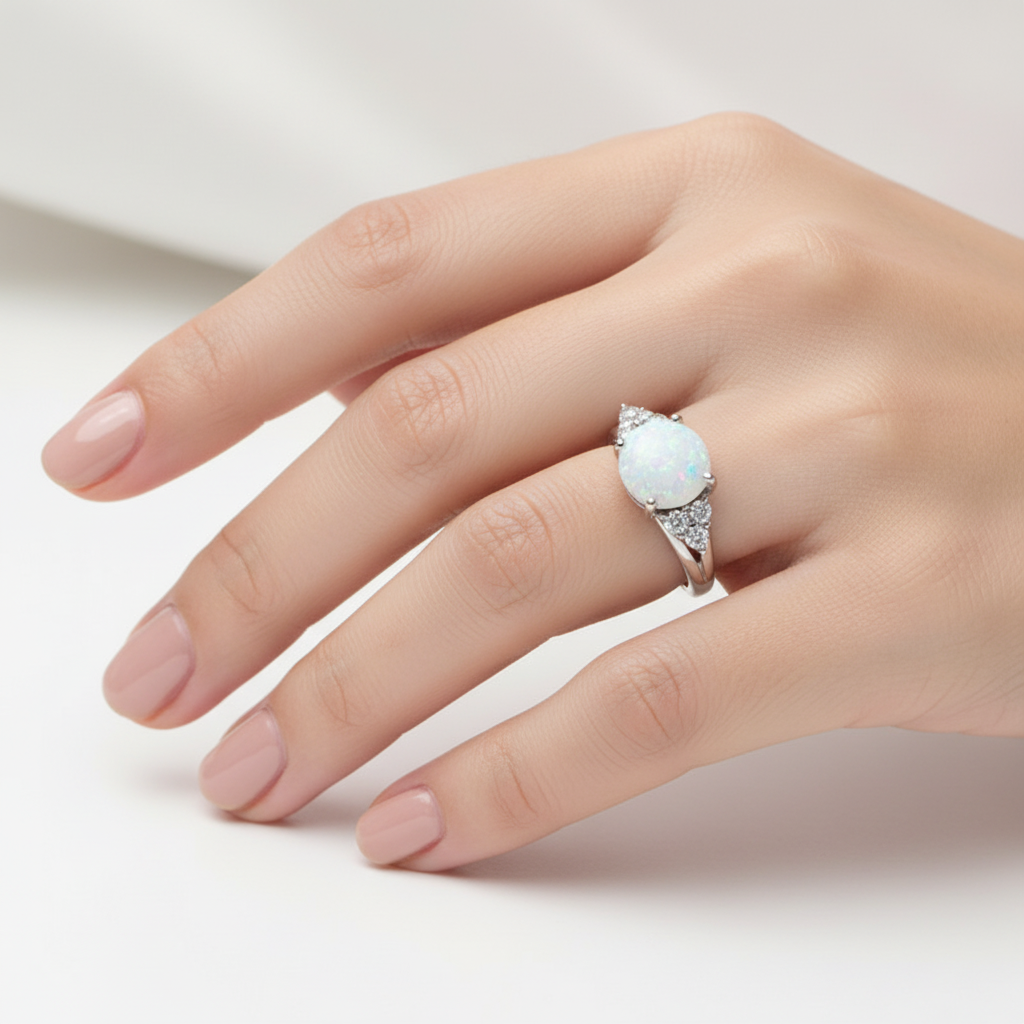 9ct White Gold Opal And White Cubic Zirconia Ring