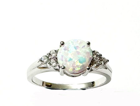9ct White Gold Opal And White Cubic Zirconia Ring