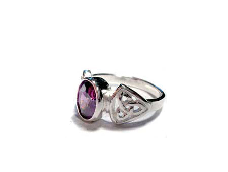 Celtic Silver Stone Set Ring with trinity Knot design on the Shoulders Amethyst