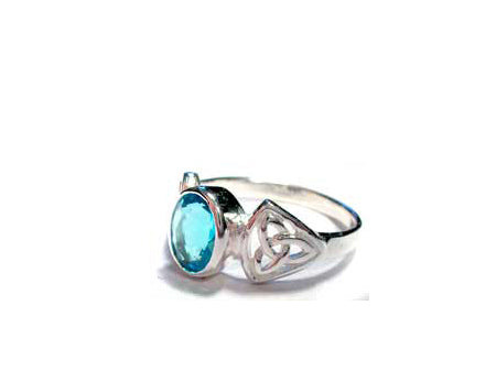 Celtic Silver Stone Set Ring with Trinity Knot design on the Shoulders Aqua