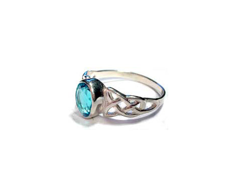 Celtic Silver Stone Set Ring with Trinity Knot Design on the Shoulders Aqua