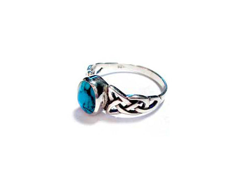 Celtic Silver Stone Set Ring With Trinity Knot Design on the Shoulders Torquoise