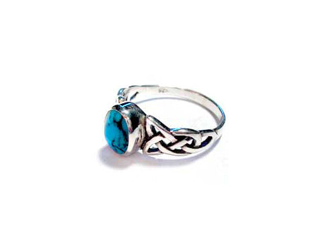 Celtic Silver Stone Set Ring With Trinity Knot Design on the Shoulders Torquoise