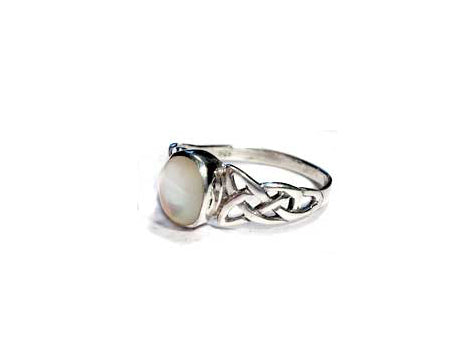 Celtic Silver White MOP Stone Set Ring With Trinity Knot Design on the Shoulders