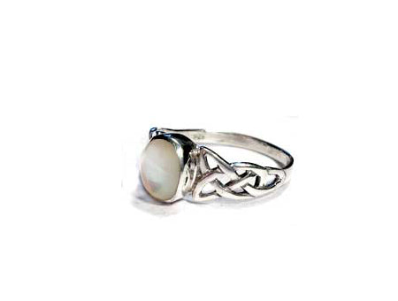 Celtic Silver White MOP Stone Set Ring With Trinity Knot Design on the Shoulders