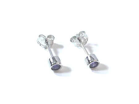Amethyst Cz Silver 4mm Round Rubover Set Earring Boxed.