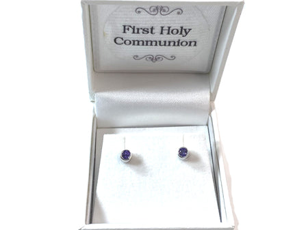 Amethyst Cz Silver 4mm Round Rubover Set Earring Boxed.