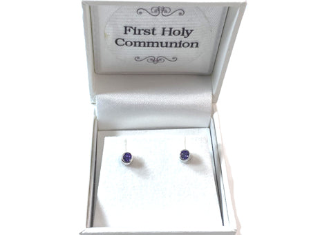 Amethyst Cz Silver 4mm Round Rubover Set Earring Boxed.