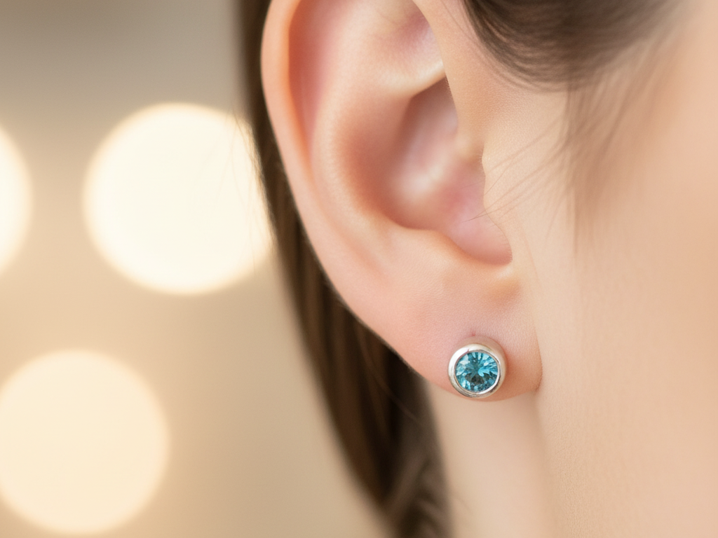Aquamarine Cz Silver 4mm Round Rubover Set Earring Boxed.
