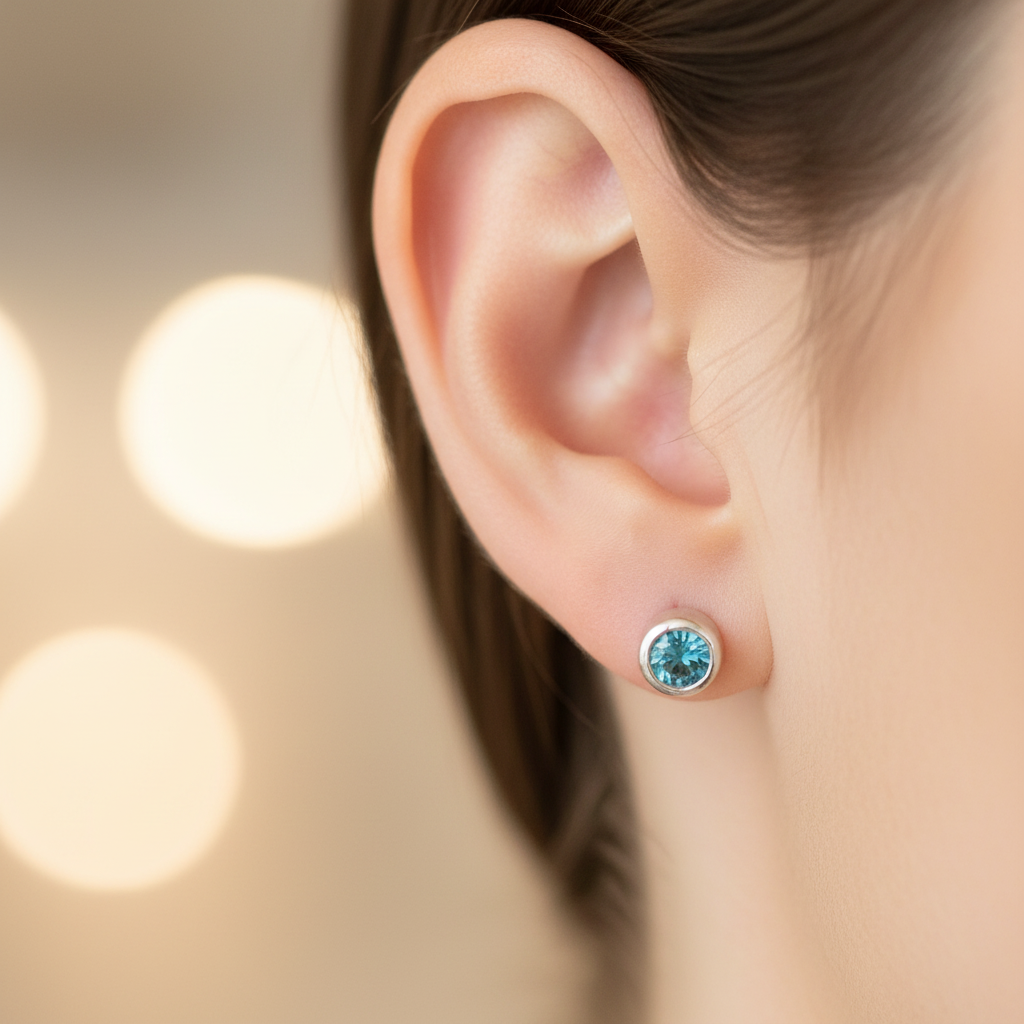 Aquamarine Cz Silver 4mm Round Rubover Set Earring Boxed.