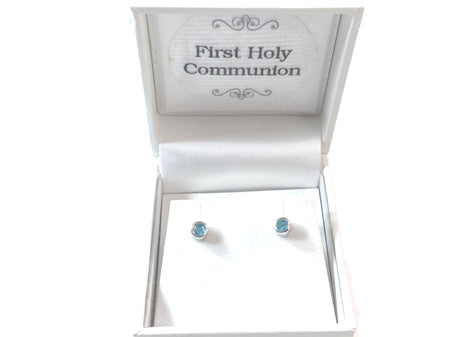 Aquamarine Cz Silver 4mm Round Rubover Set Earring Boxed.