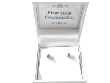 Aquamarine Cz Silver 4mm Round Rubover Set Earring Boxed.