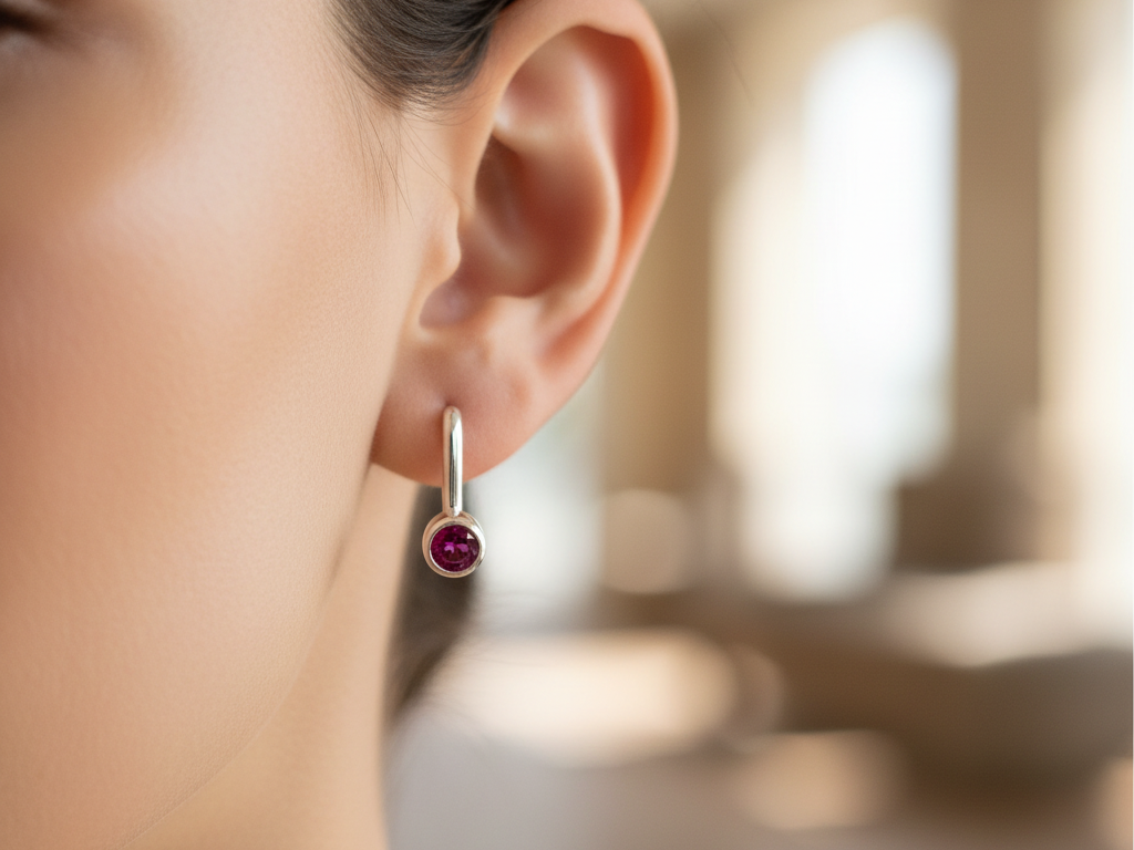 Ruby Cz Silver 4mm Round Rubover Set Earring Boxed.
