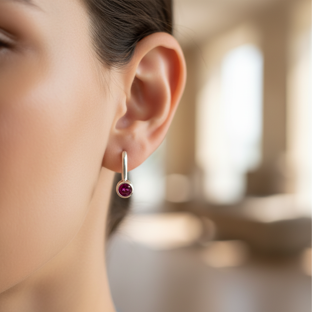 Ruby Cz Silver 4mm Round Rubover Set Earring Boxed.