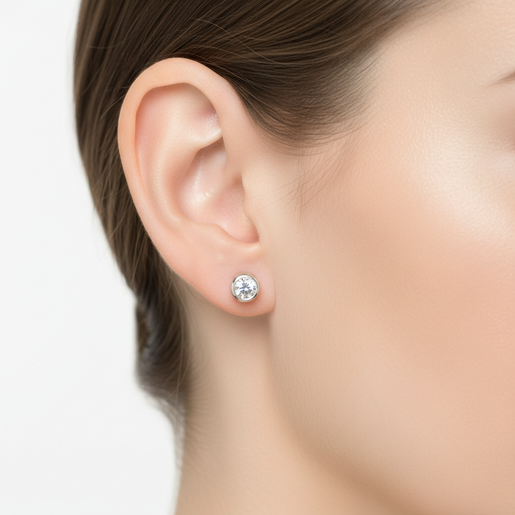 White Cz Silver 4mm Round Rubover Set Earring Boxed.