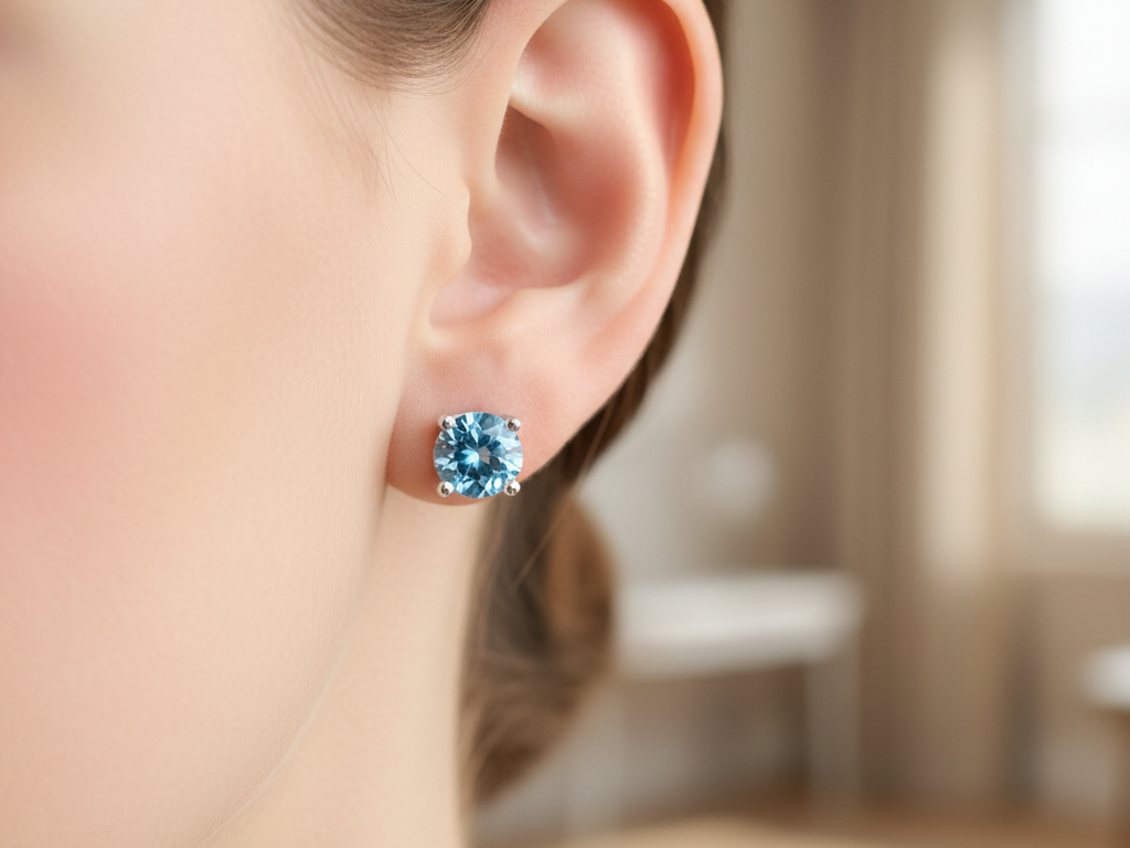 Kids Blue Topaz December Birthstone Cubic Zirconia Silver 5 mm Claw Set Earring.