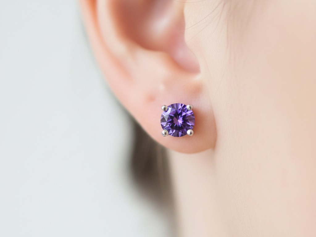 Kids Amethyst February Birthstone Cubic Zirconia Silver 5 mm Claw Set Earring.