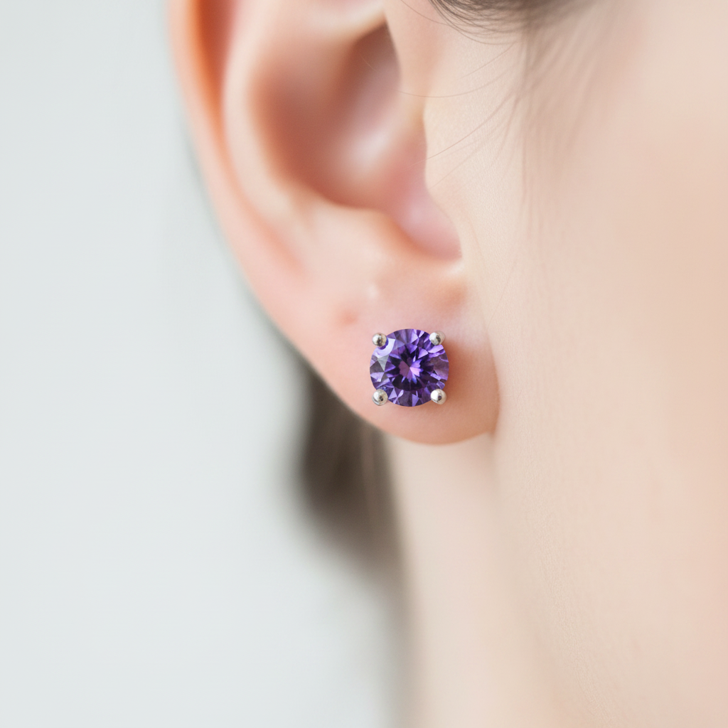 Kids Amethyst February Birthstone Cubic Zirconia Silver 5 mm Claw Set Earring.