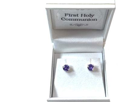 Kids Amethyst February Birthstone Cubic Zirconia Silver 5 mm Claw Set Earring.