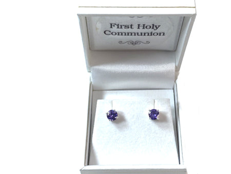 Kids Amethyst February Birthstone Cubic Zirconia Silver 5 mm Claw Set Earring.