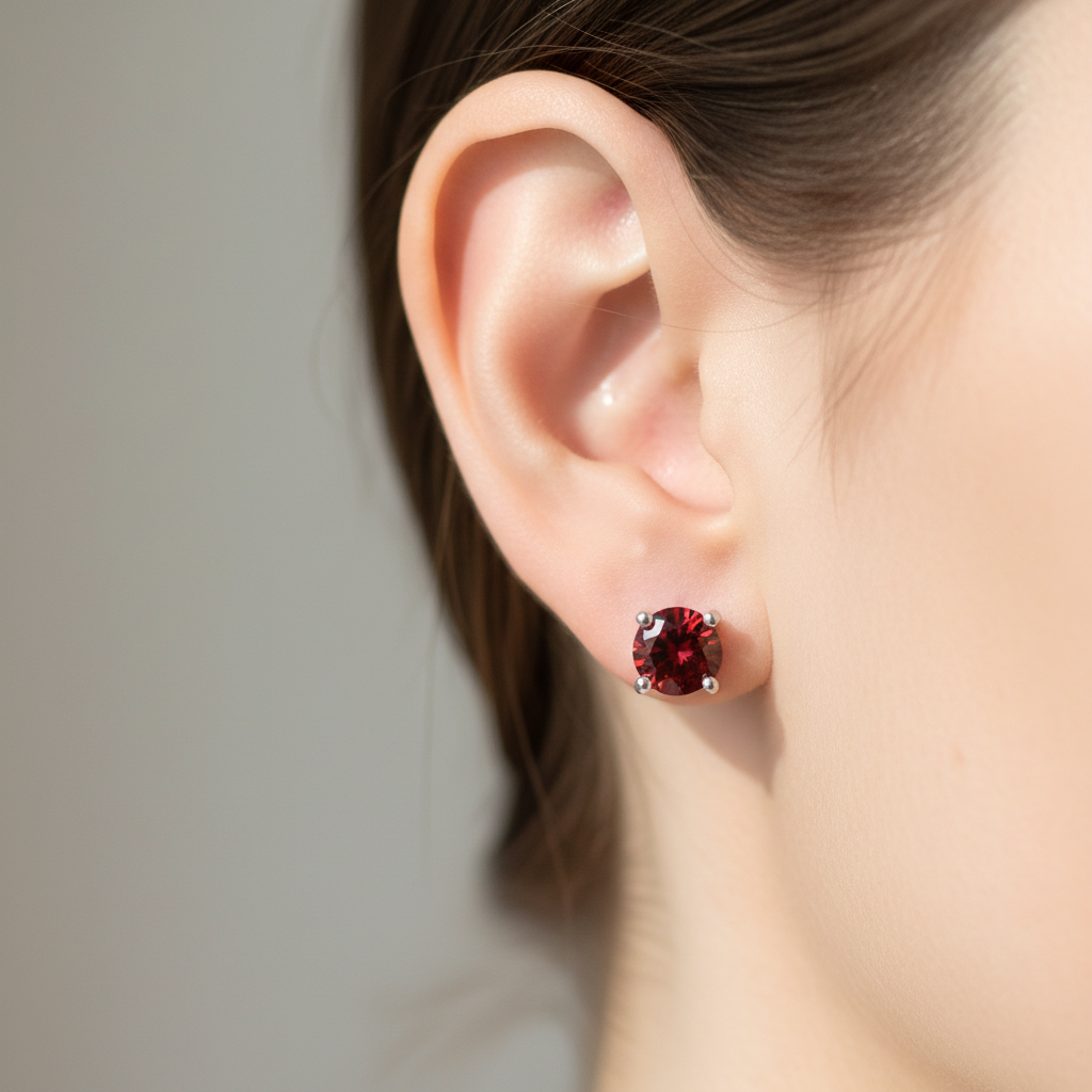 Kids Garnet January Birthstone Cubic Zirconia Silver 5 mm Claw Set Earring.