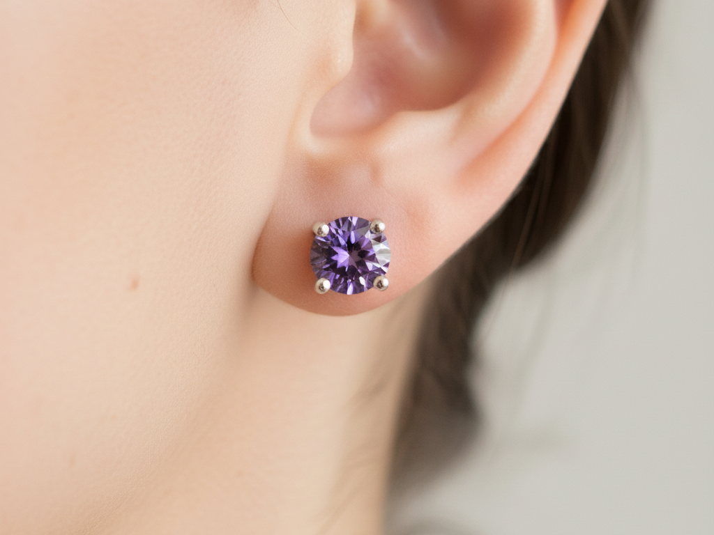 Kids Light Amethyst June Birthstone Cubic Zirconia Silver 5 mm Claw Set Earring.