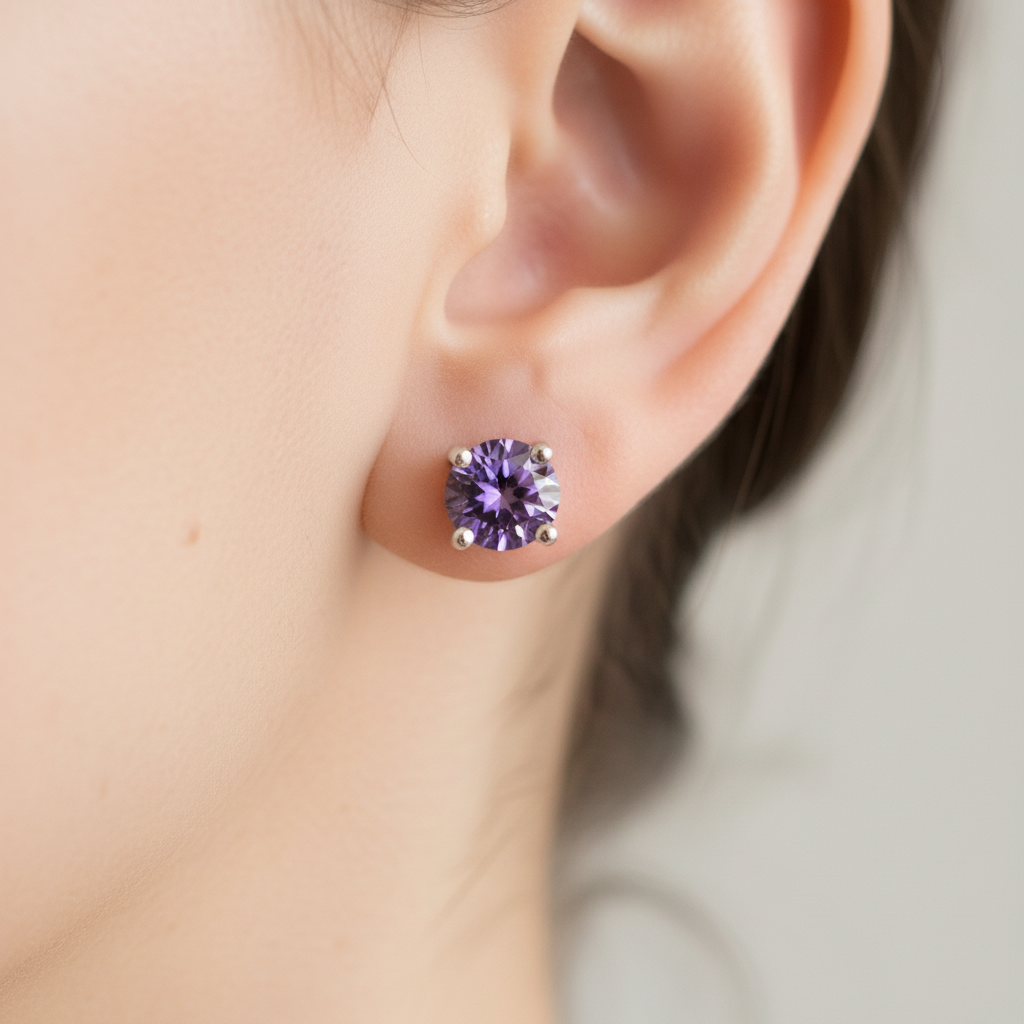 Kids Light Amethyst June Birthstone Cubic Zirconia Silver 5 mm Claw Set Earring.