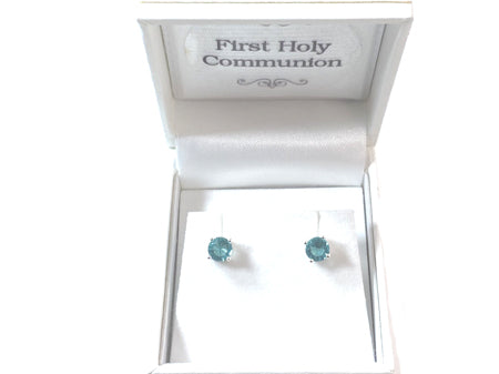 Kids Aquamarine March Birthstone Cubic Zirconia Silver 5 mm Claw Set Earring.