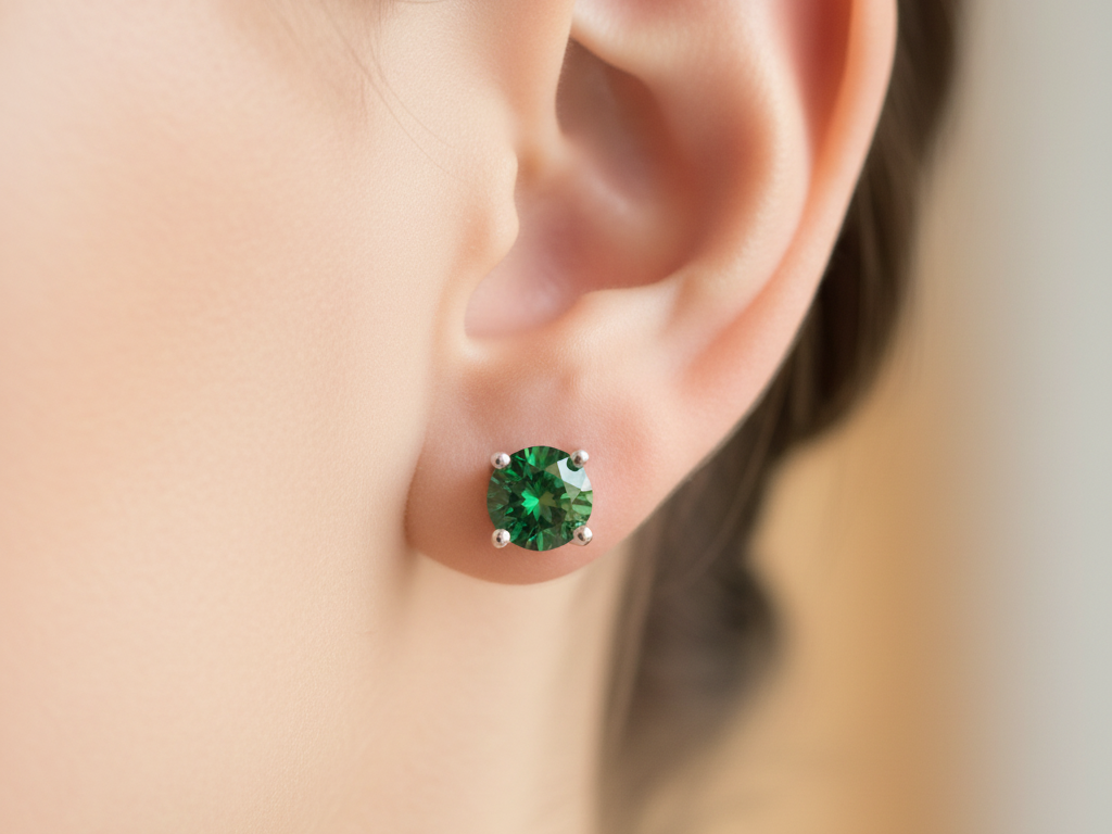 Kids Emerald May Birthstone Cubic Zirconia Silver 5 mm Claw Set Earring.