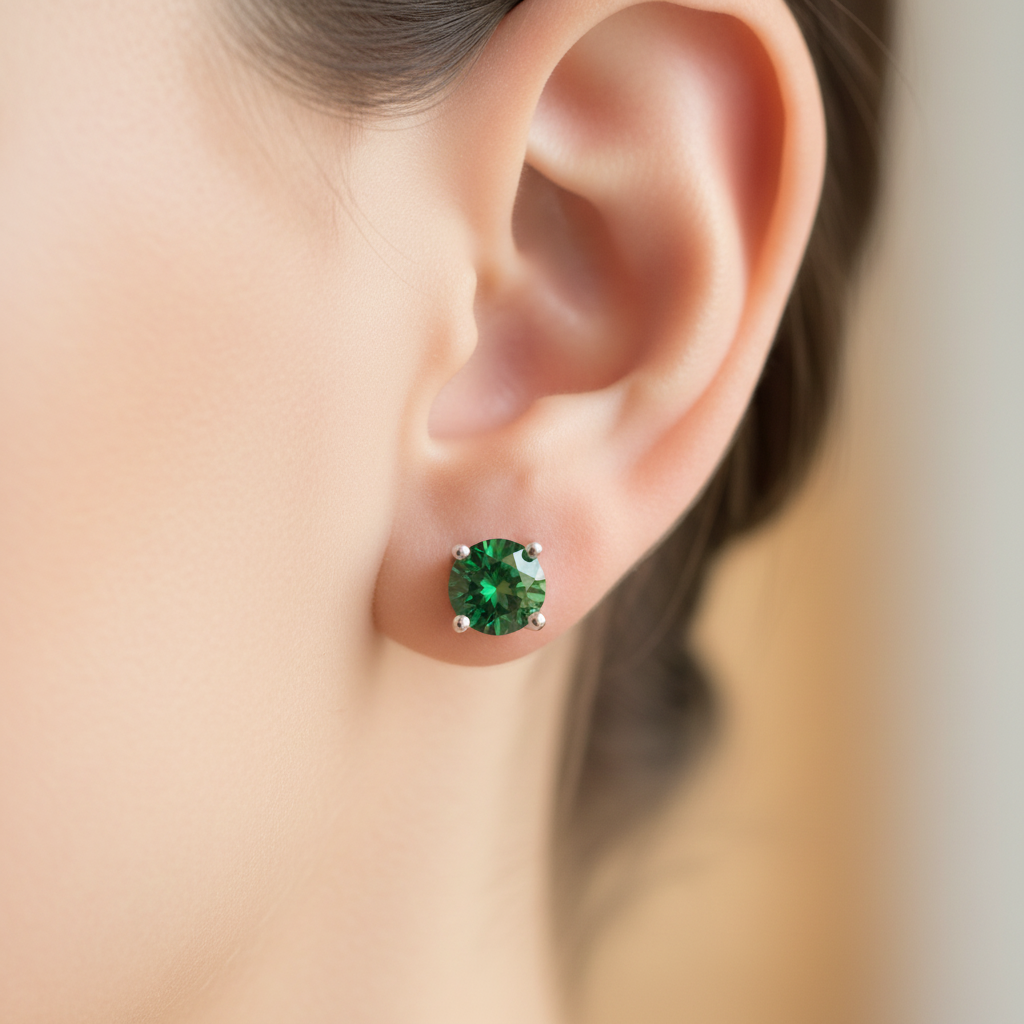 Kids Emerald May Birthstone Cubic Zirconia Silver 5 mm Claw Set Earring.