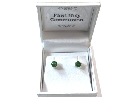 Kids Emerald May Birthstone Cubic Zirconia Silver 5 mm Claw Set Earring.