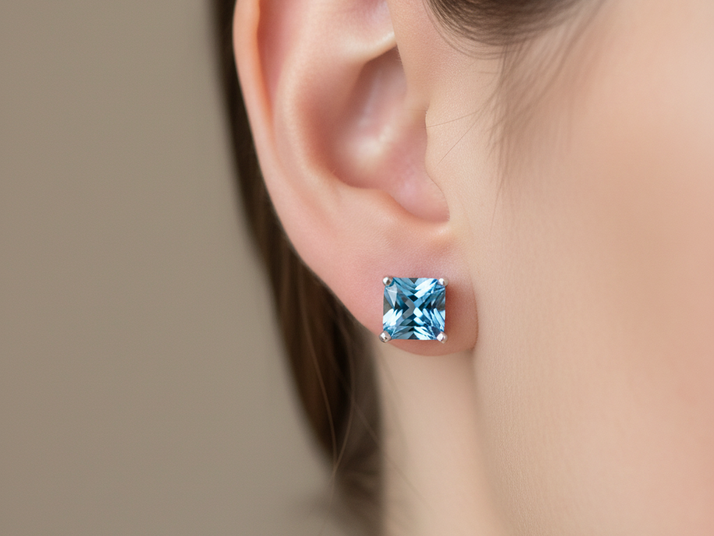 Blue Topaz Cz December Month Birthstone Cubic Zirconia Silver Square 3mm x 3mm Claw Set Earring