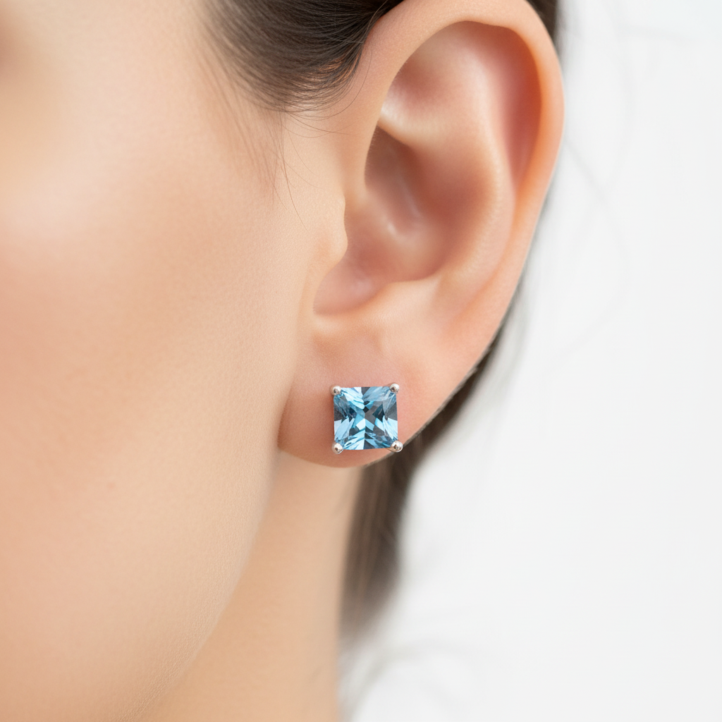 Blue Topaz Cz December Month Birthstone Cubic Zirconia Silver Square 5mm x 5mm Claw Set Earring