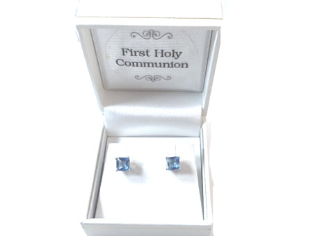 Blue Topaz Cz December Month Birthstone Cubic Zirconia Silver Square 3mm x 3mm Claw Set Earring