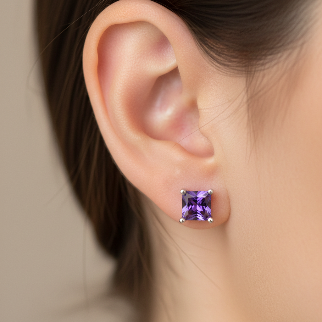 Amethyst February Birthstone Cubic Zirconia Silver Square 4mm x 4mm Claw Set Earring