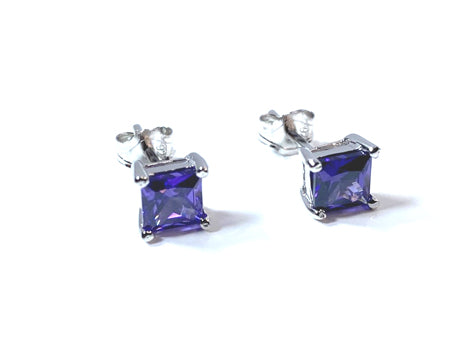 Amethyst February Birthstone Cubic Zirconia Silver Square 3mm x 3mm Claw Set Earring