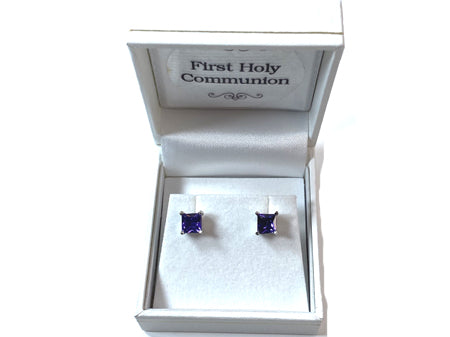 Amethyst February Birthstone Cubic Zirconia Silver Square 3mm x 3mm Claw Set Earring
